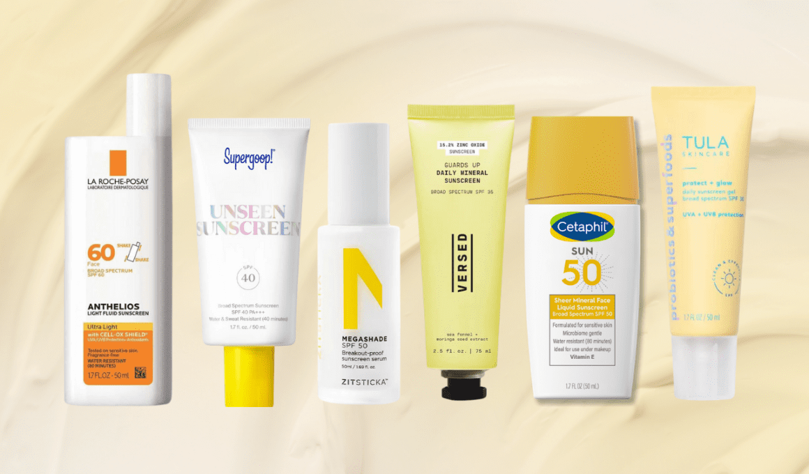 Selection of six sunscreens safe for acne-prone skin lined up