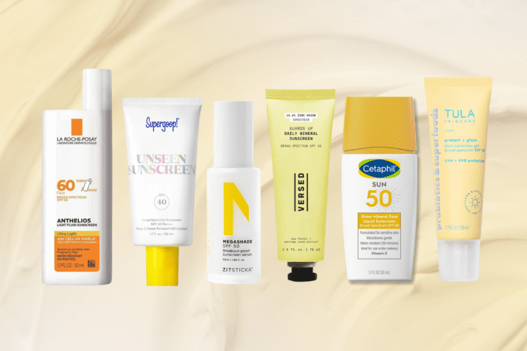 Selection of six sunscreens safe for acne-prone skin lined up