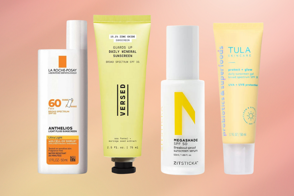 Selection of four sunscreens safe for acne-prone skin lined up