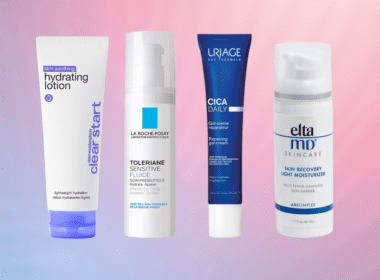 Four lightweight moisturizers in front of gradient background