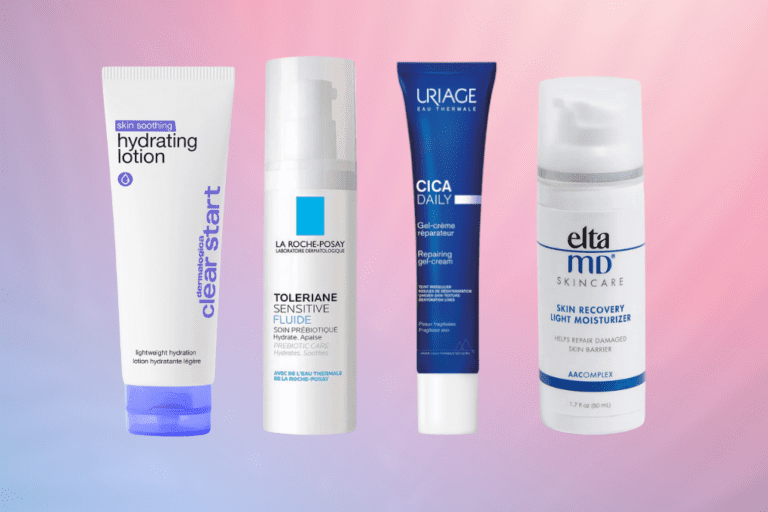 Four lightweight moisturizers in front of gradient background