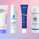 Four lightweight moisturizers in front of gradient background