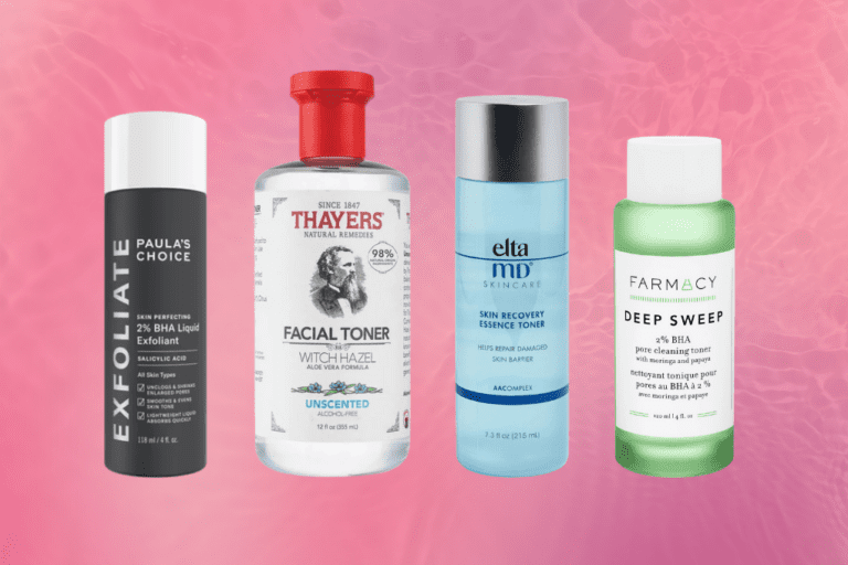 Four toners for acne prone skin on a pink watery background