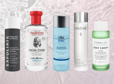 Five toners for acne prone in front of a watery background