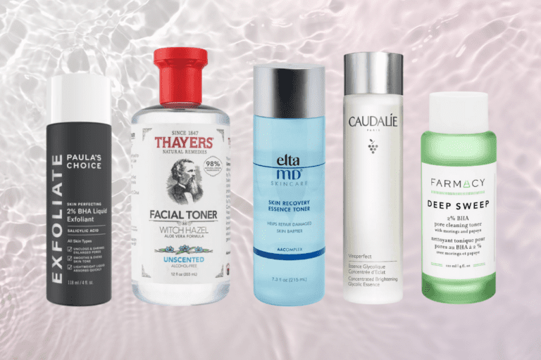 Five toners for acne prone in front of a watery background